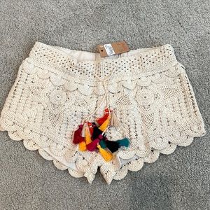 Surf Gypsy Multicolored-Tassel Crochet Swim Cover-Up Shorts sz M